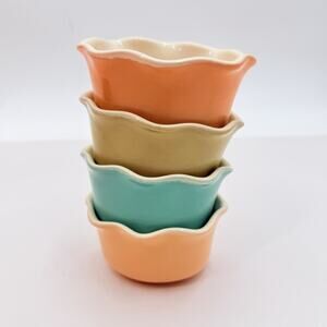 Grestel 4 PC Colorful Stoneware Ruffled Ramekin Dishes Portugal 4.5x 3.75 x 2.5"